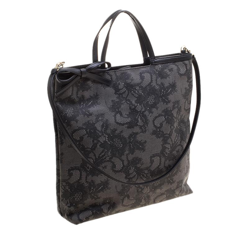 Pre Owned Valentino Black Lace Print Coated Canvas Tote
