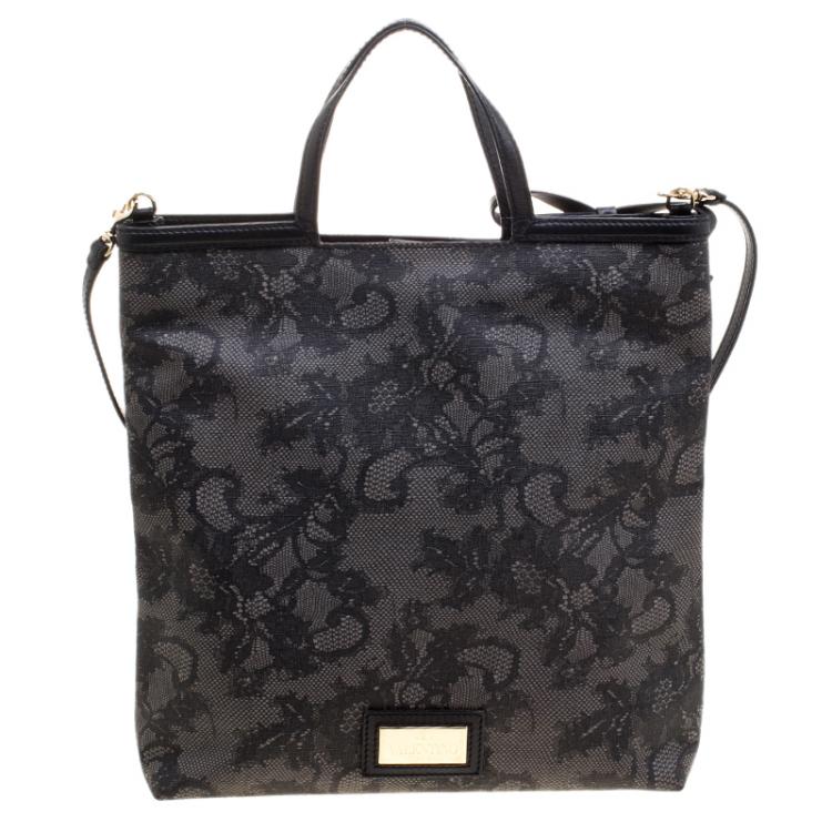 Pre Owned Valentino Black Lace Print Coated Canvas Tote