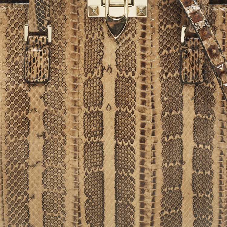 Pre Owned Valentino Rockstud Trapeze Brown/Black Watersnake Leather Tote