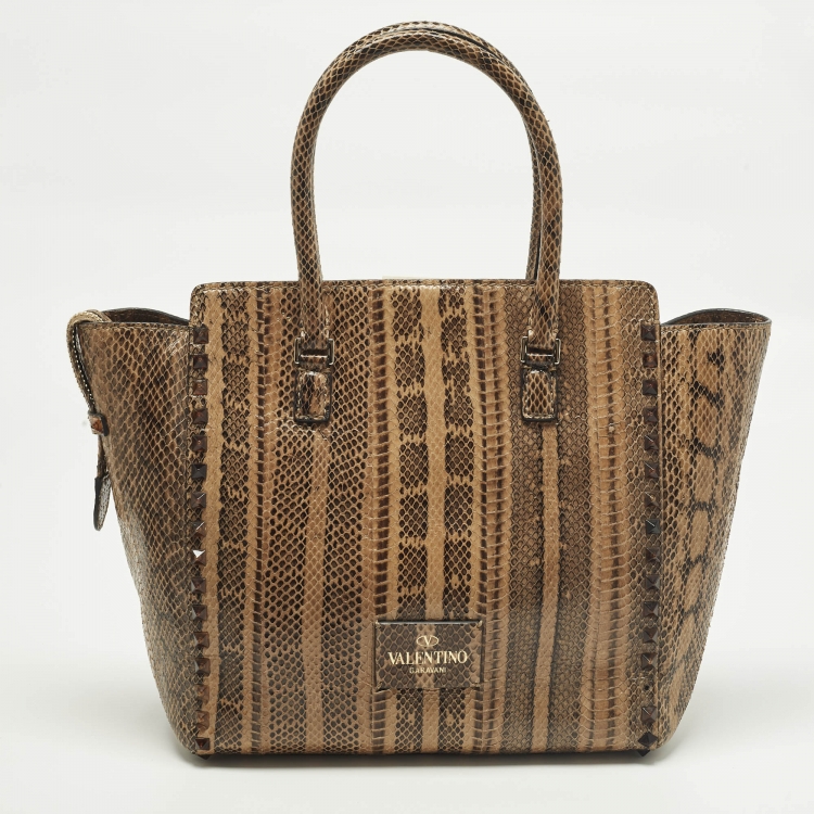 Pre Owned Valentino Rockstud Trapeze Brown/Black Watersnake Leather Tote