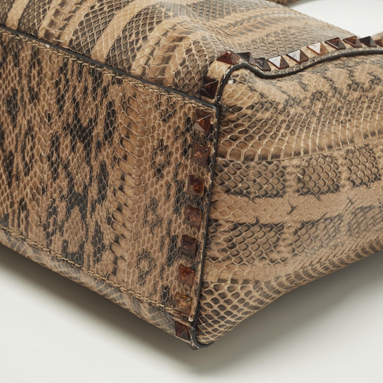 Pre Owned Valentino Rockstud Trapeze Brown/Black Watersnake Leather Tote