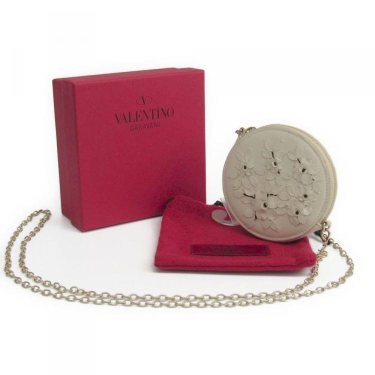 Pre Owned Valentino Light Grey Floral Leather Chain Coin Purse