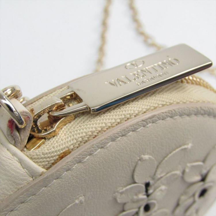 Pre Owned Valentino Light Grey Floral Leather Chain Coin Purse