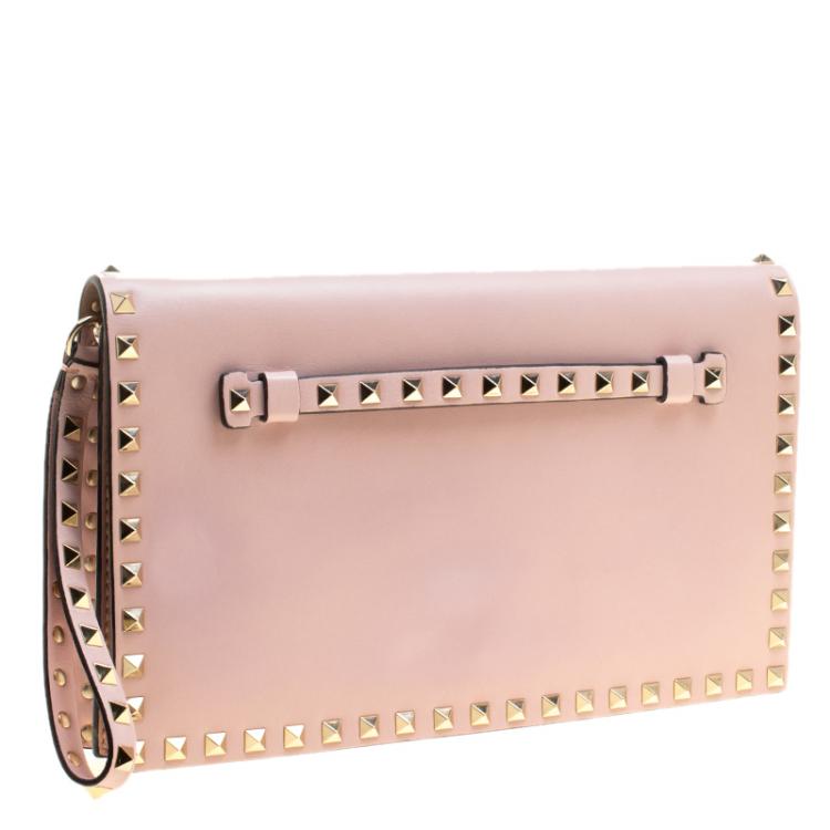 Pre Owned Valentino Blush Pink Leather Rockstud Wristlet Clutch