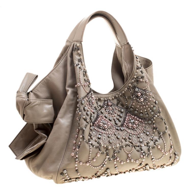 Pre Owned Valentino Beige Leather Pearl Embellished Hobo