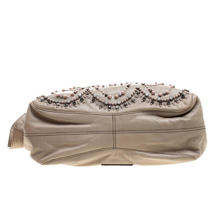 Pre Owned Valentino Beige Leather Pearl Embellished Hobo