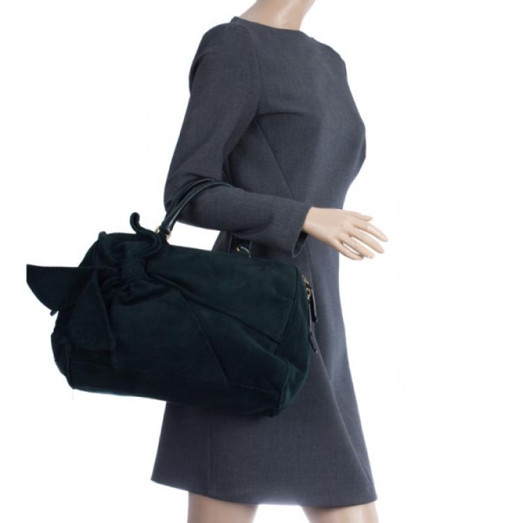 Pre Owned Valentino Green Suede Leather Bow Boston Bag
