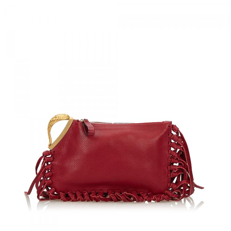 Pre Owned Valentino Red Leather C-Rockee Fringe Clutch