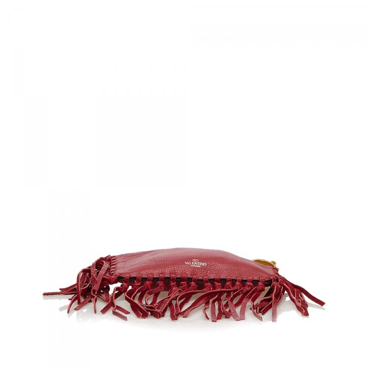 Pre Owned Valentino Red Leather C-Rockee Fringe Clutch