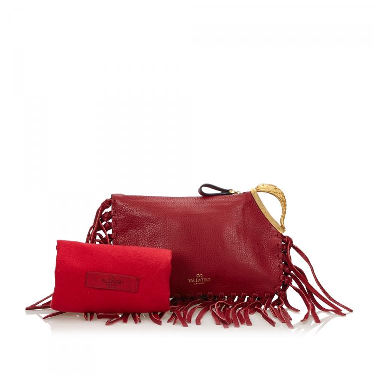 Pre Owned Valentino Red Leather C-Rockee Fringe Clutch
