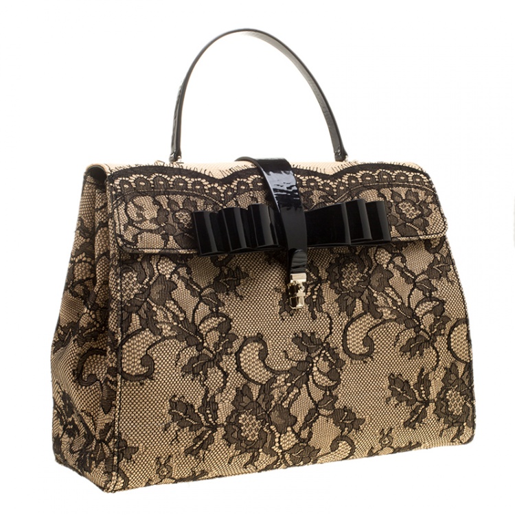 Pre Owned Valentino Beige/Black Raffia and Lace Top Handle Bag