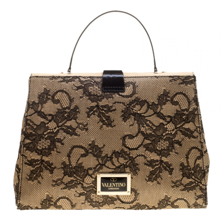 Pre Owned Valentino Beige/Black Raffia and Lace Top Handle Bag