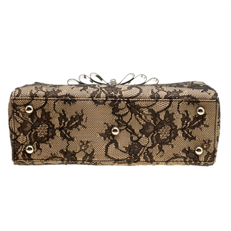 Pre Owned Valentino Beige/Black Raffia and Lace Top Handle Bag