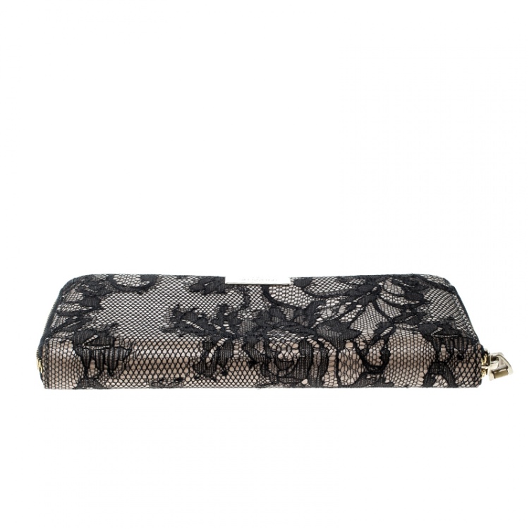 Pre Owned Valentino Beige/Black Lace and Patent Leather Zip Around Wallet