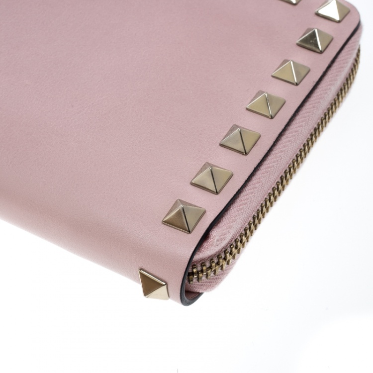 Pre Owned Valentino Pink Leather Rockstud Compact Wallet