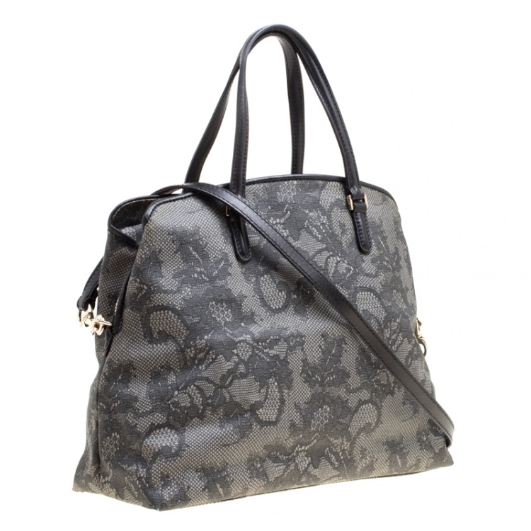 Pre Owned Valentino Grey Lace Print Coated Canvas Satchel