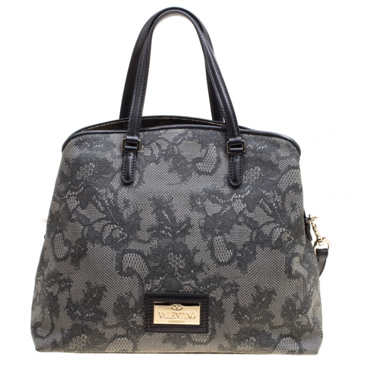 Pre Owned Valentino Grey Lace Print Coated Canvas Satchel