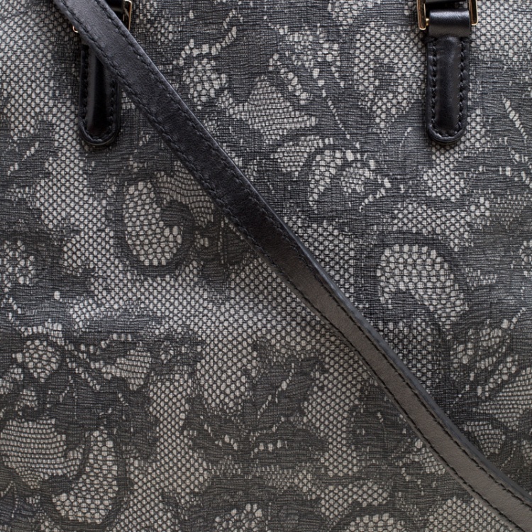 Pre Owned Valentino Grey Lace Print Coated Canvas Satchel