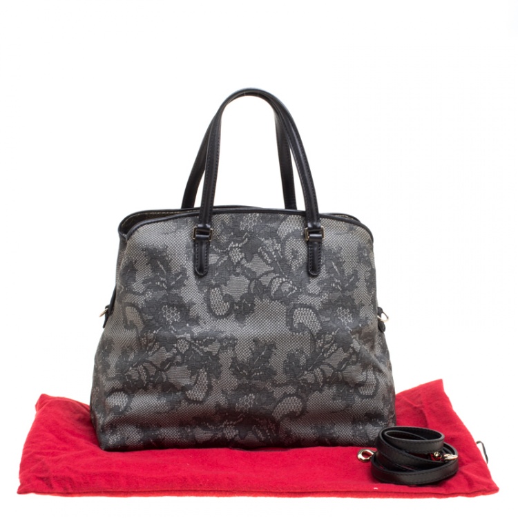 Pre Owned Valentino Grey Lace Print Coated Canvas Satchel