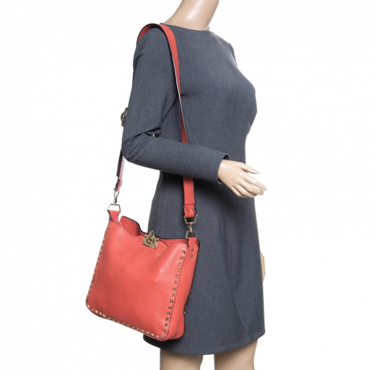 Pre Owned Valentino Coral Red Leather Rockstud Messenger Bag