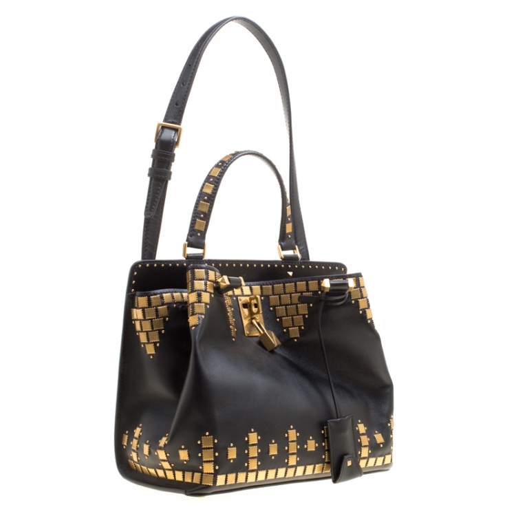 Pre Owned Valentino Black Leather Medium Joy Lock Studded Top Handle Bag