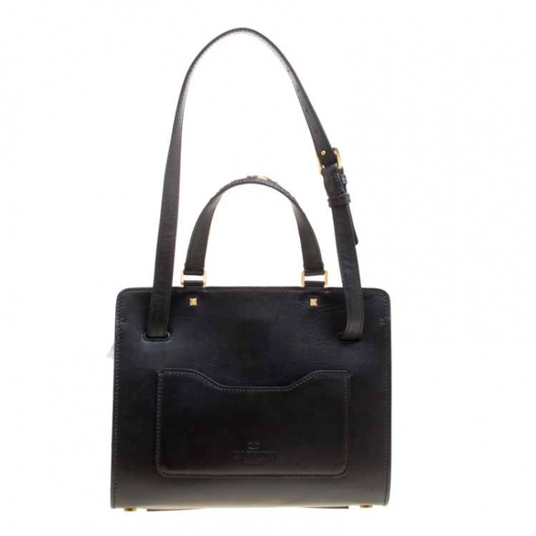 Pre Owned Valentino Black Leather Medium Joy Lock Studded Top Handle Bag