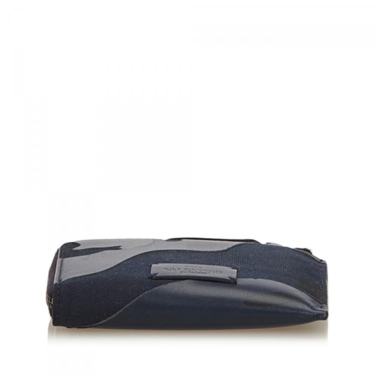 Pre Owned Valentino Navy Blue Canvas and Leather Camouflage Zip Around Wallet