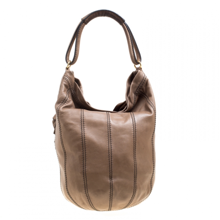 Pre Owned Valentino Khaki Brown Leather Bucket Hobo