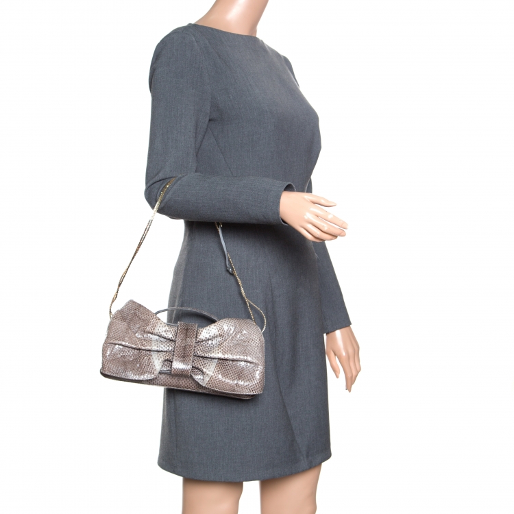 Pre Owned Valentino Grey Python Bow Clutch 
