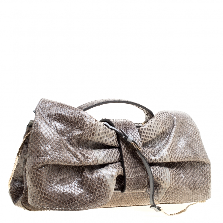 Pre Owned Valentino Grey Python Bow Clutch 