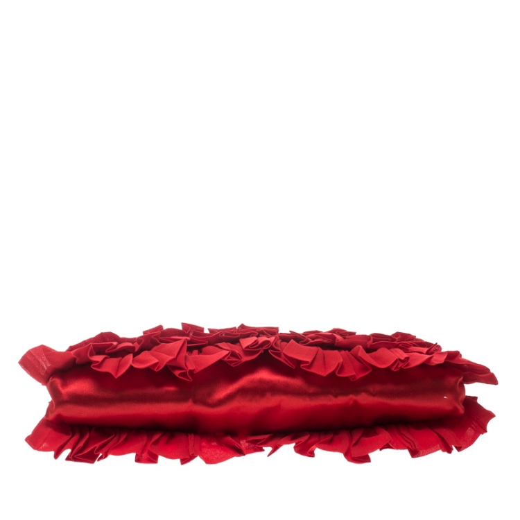 Pre Owned Valentino Red Chiffon and Satin Ruffled Evening Clutch 
