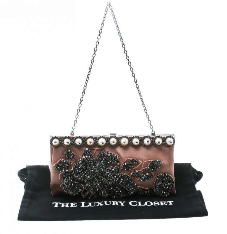 Pre Owned Valentino Beige Satin Crystal and Pearl Embellished Frame Clutch
