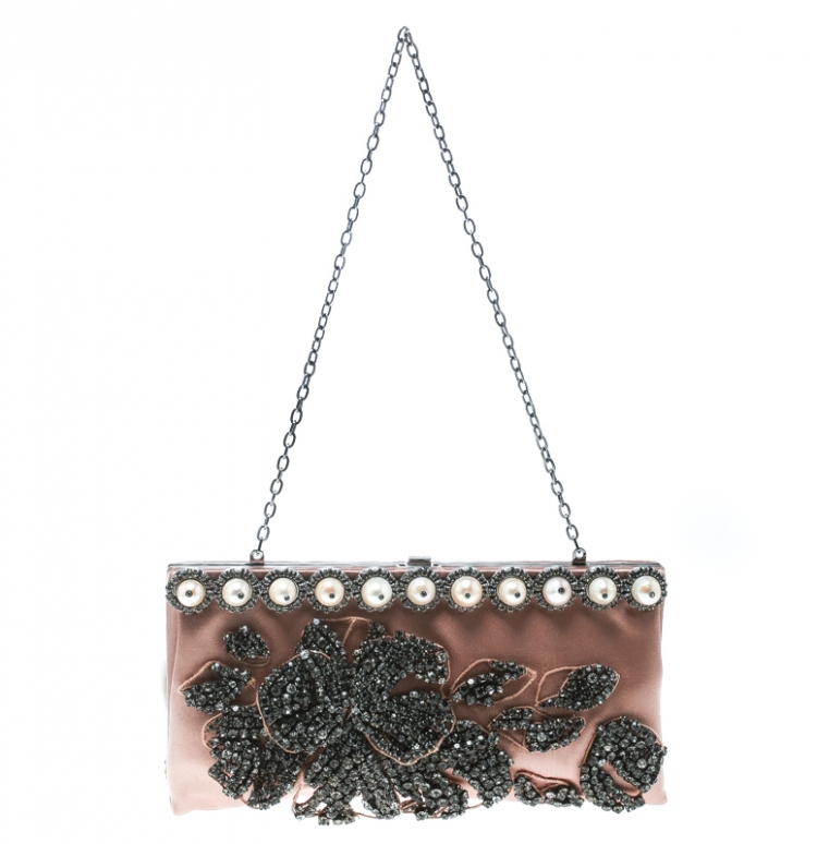 Pre Owned Valentino Beige Satin Crystal and Pearl Embellished Frame Clutch