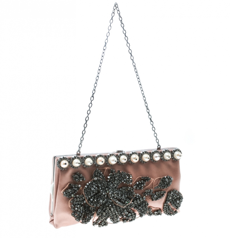 Pre Owned Valentino Beige Satin Crystal and Pearl Embellished Frame Clutch