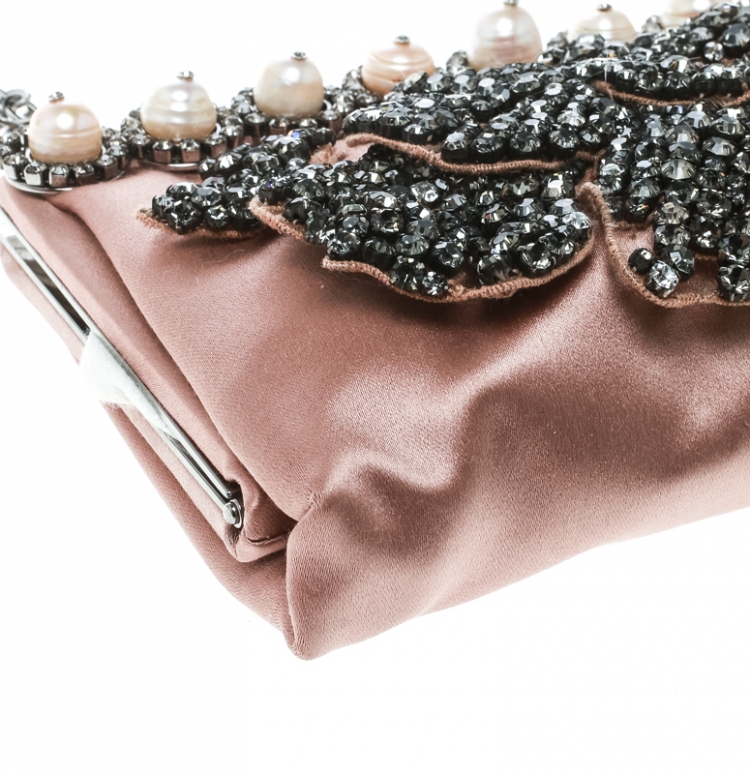 Pre Owned Valentino Beige Satin Crystal and Pearl Embellished Frame Clutch