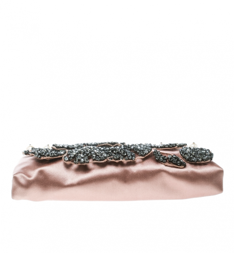Pre Owned Valentino Beige Satin Crystal and Pearl Embellished Frame Clutch