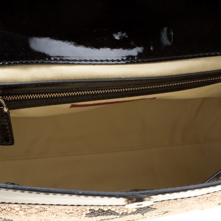 Pre Owned Valentino Black/Beige Python Print Raffia and Patent Leather Aphrodite Bow Bag