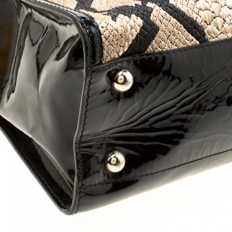 Pre Owned Valentino Black/Beige Python Print Raffia and Patent Leather Aphrodite Bow Bag