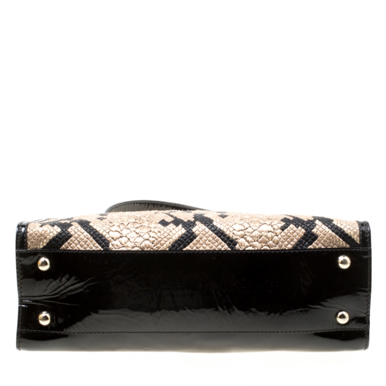 Pre Owned Valentino Black/Beige Python Print Raffia and Patent Leather Aphrodite Bow Bag