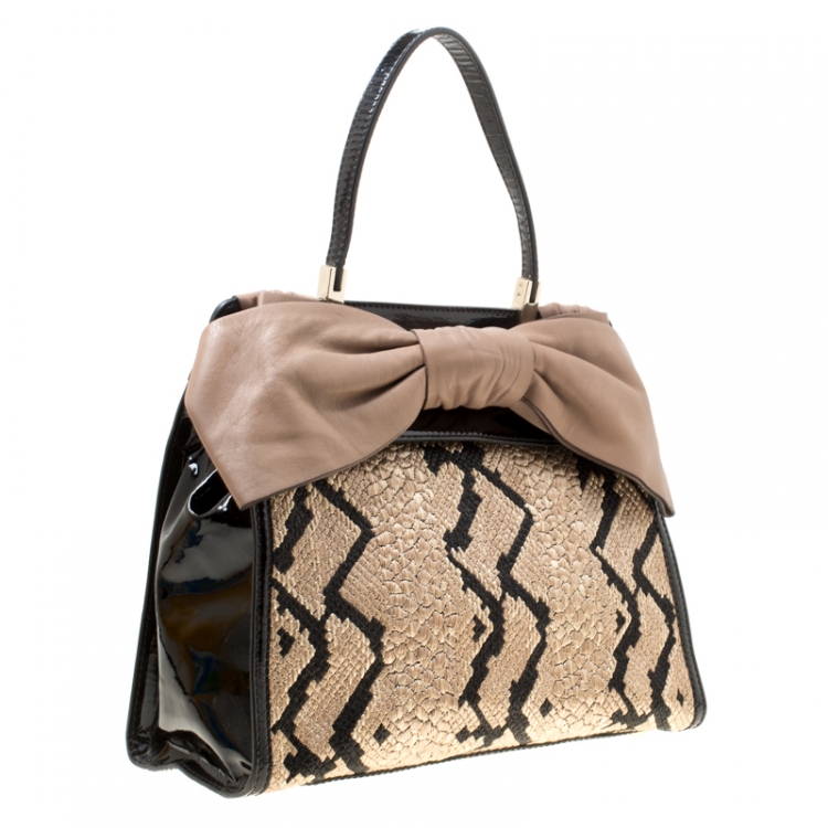 Pre Owned Valentino Black/Beige Python Print Raffia and Patent Leather Aphrodite Bow Bag