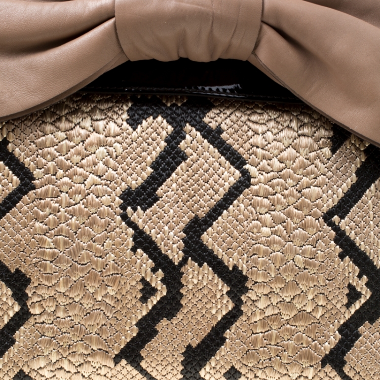 Pre Owned Valentino Black/Beige Python Print Raffia and Patent Leather Aphrodite Bow Bag