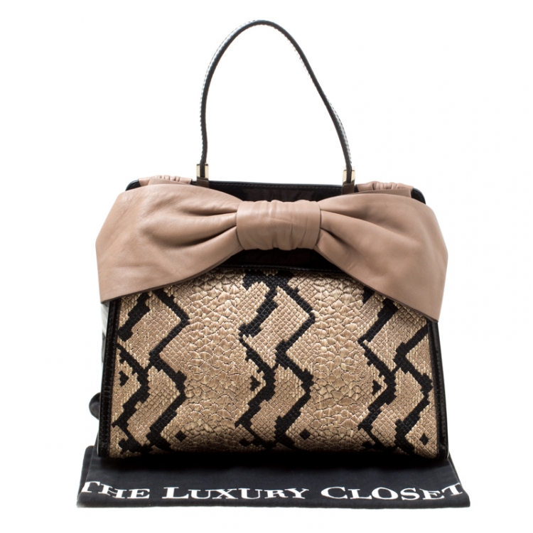 Pre Owned Valentino Black/Beige Python Print Raffia and Patent Leather Aphrodite Bow Bag