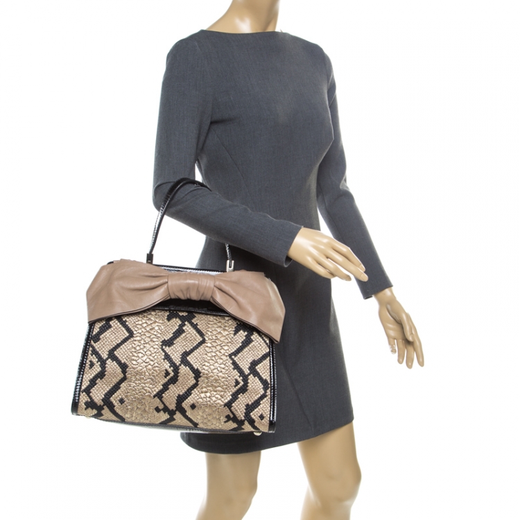 Pre Owned Valentino Black/Beige Python Print Raffia and Patent Leather Aphrodite Bow Bag