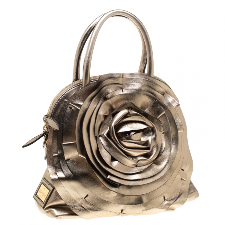 Pre Owned Valentino Metallic Patent Leather Petale Rose Top Handle Bag