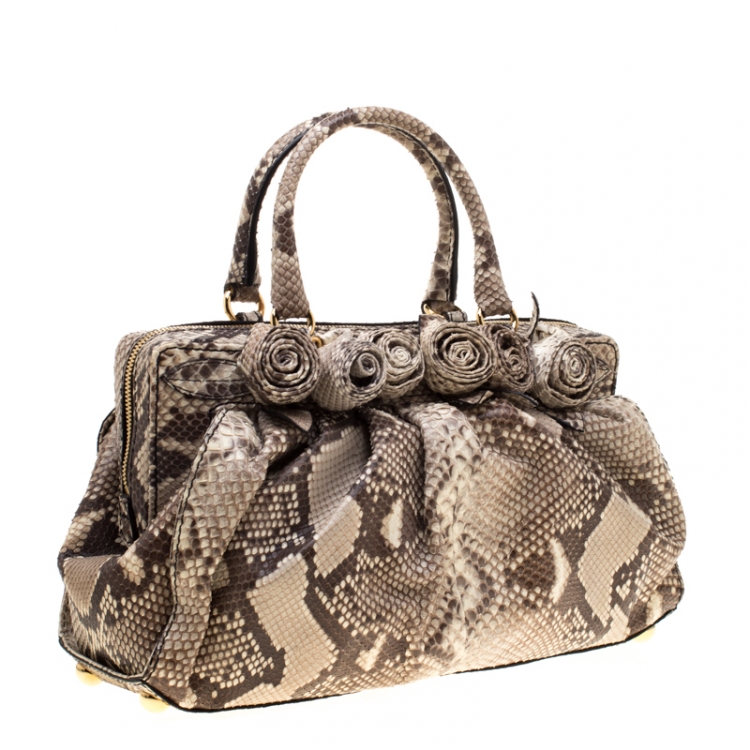 مملوكة مسبقًا Valentino Beige Python Lacca Fleur Frame Satchel Bag