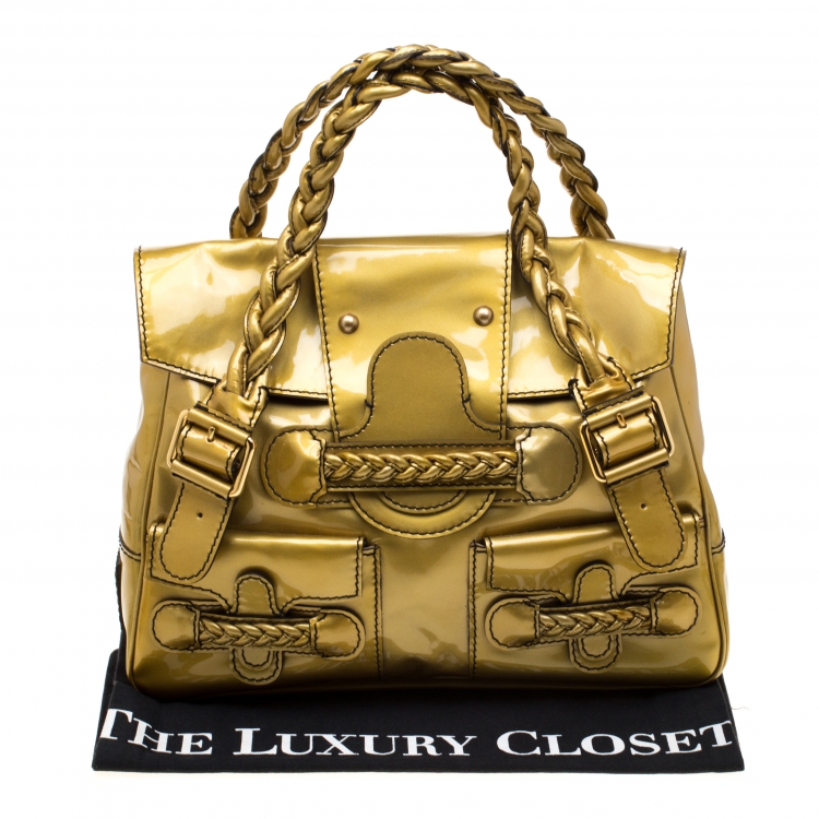 Pre Owned Valentino Metallic Yellow Patent Leather Histoire Satchel