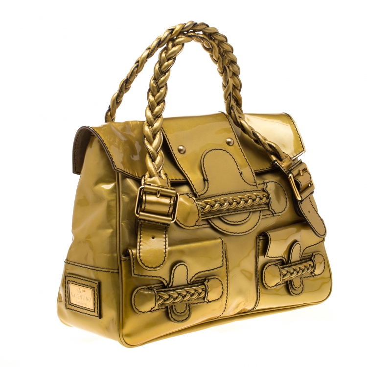 Pre Owned Valentino Metallic Yellow Patent Leather Histoire Satchel