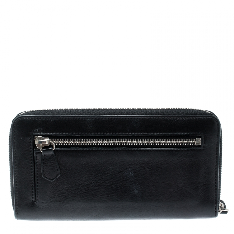 Pre Owned Valentino Black Leather Zip Around Wallet