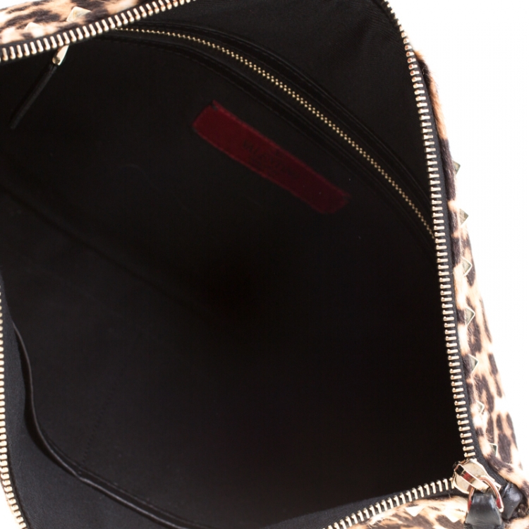 Pre Owned Valentino Brown/Black Leopard Print Calfhair Rockstud Clutch 