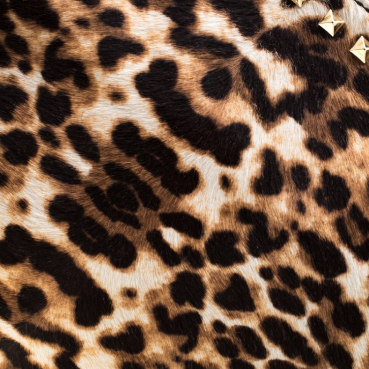 Pre Owned Valentino Brown/Black Leopard Print Calfhair Rockstud Clutch 